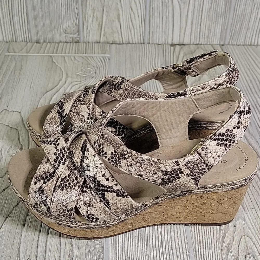 Clarks Annadel Rayna Wedge Taupe Snakeprint Sandals Womens Size 6.5 NEW
